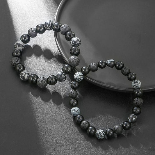 Black Onyx Snowflake Obsidian Lava Stone Beaded Men's Bracelet