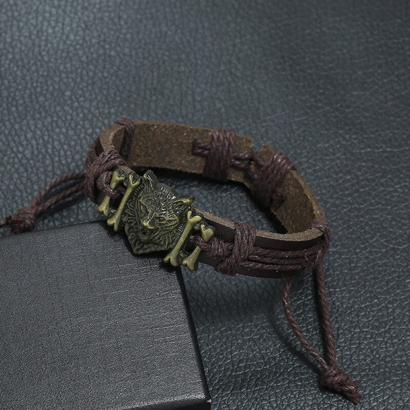 Antique Woven Leather Antique Copper Alloy Wolf Head Faux Calfskin Bracelet