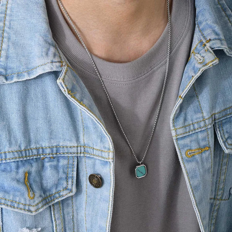 Square Pendant Men Long Sweater Chain Necklace