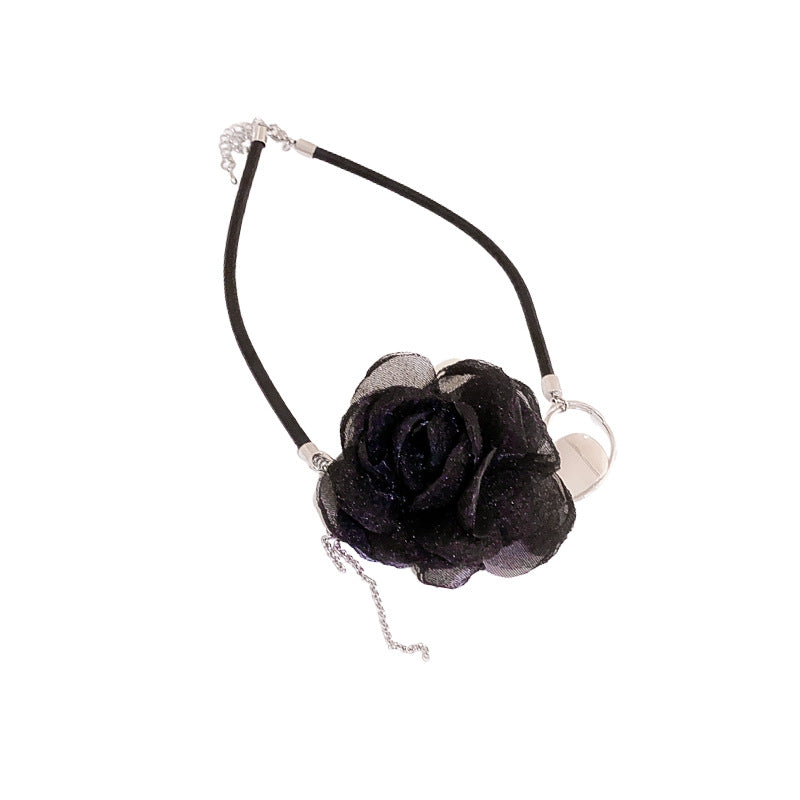 Leather Mesh Flower Long Chain Necklace