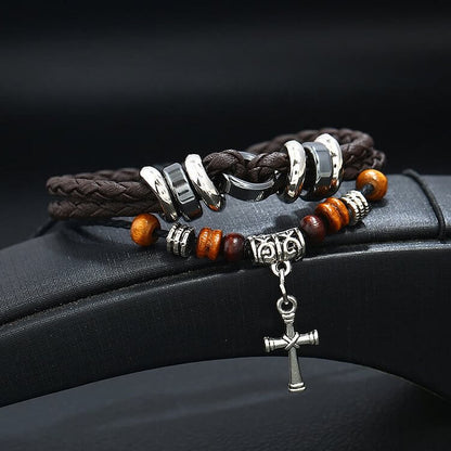 Braided Woven Leather Cross Tiger Eye Bracelet