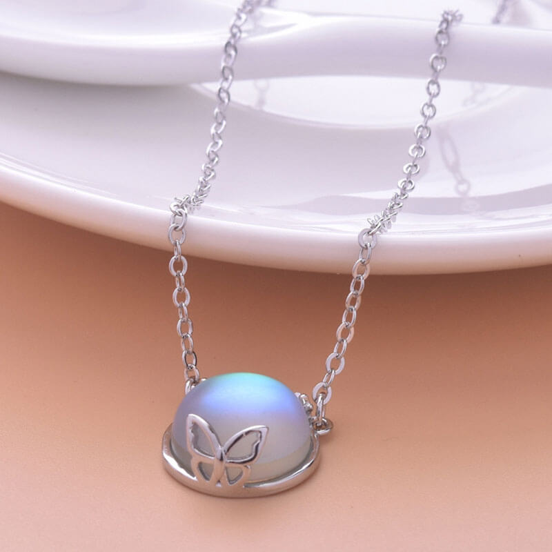 Bud Shape Hollow Butterfly Moonstone Pendant Necklace