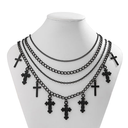 Halloween Layers Choker Black Cross Pendant Necklace