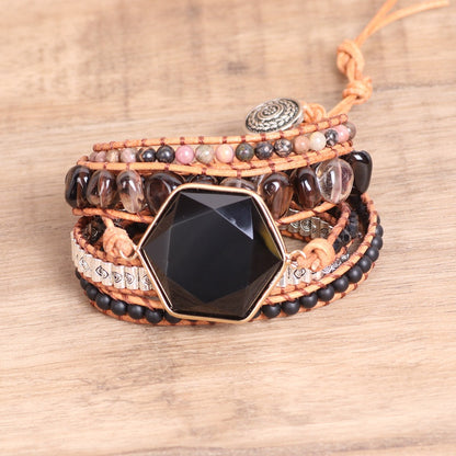 Bohemian Multi-Layered Decorative Hexagonal Obsidian Bracelet