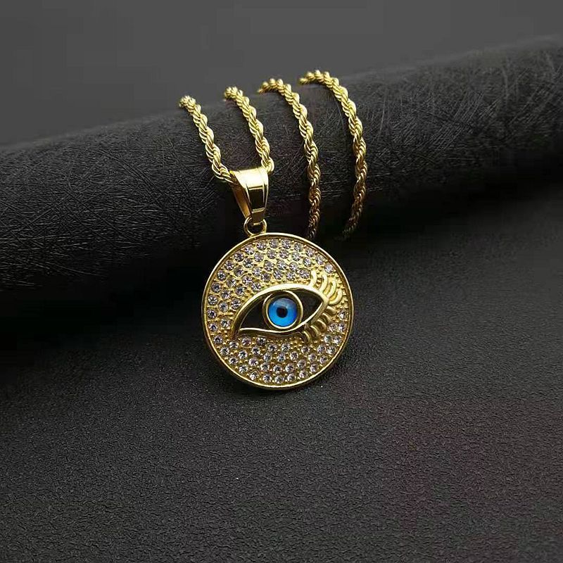 Hip Hop Gold Plated Zirconia Blue Eyes Circle Pendant