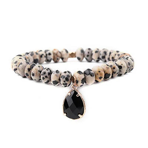 Natural Dalmatian Jasper Obsidian Hamsa Pendant Bracelet