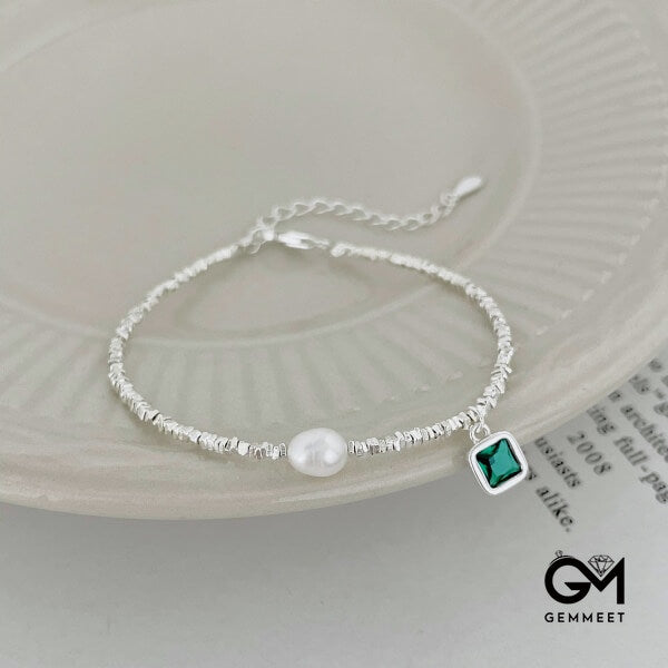 S925 Sterling Silver Pearl Square Green Zircon Bracelet