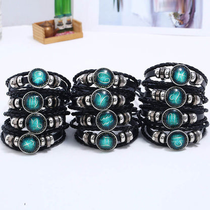 Luminous Twelve Constellation Couple Cowhide Bracelet Multi-Layer Braided Starry Sky Leather Bracelet