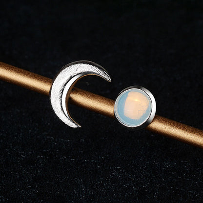 Brushed Sun&Moon Asymmetrical Moonstone Stud Earrings