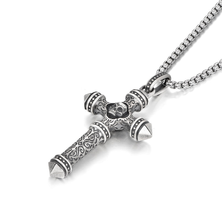 Sterling Silver Columnar Skull Cross Pendants Necklace