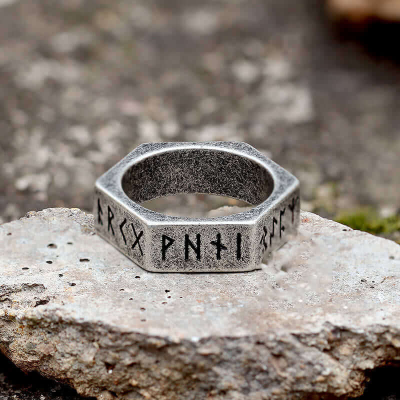 Viking Runes Hexagon Stainless Steel Geometric Ring