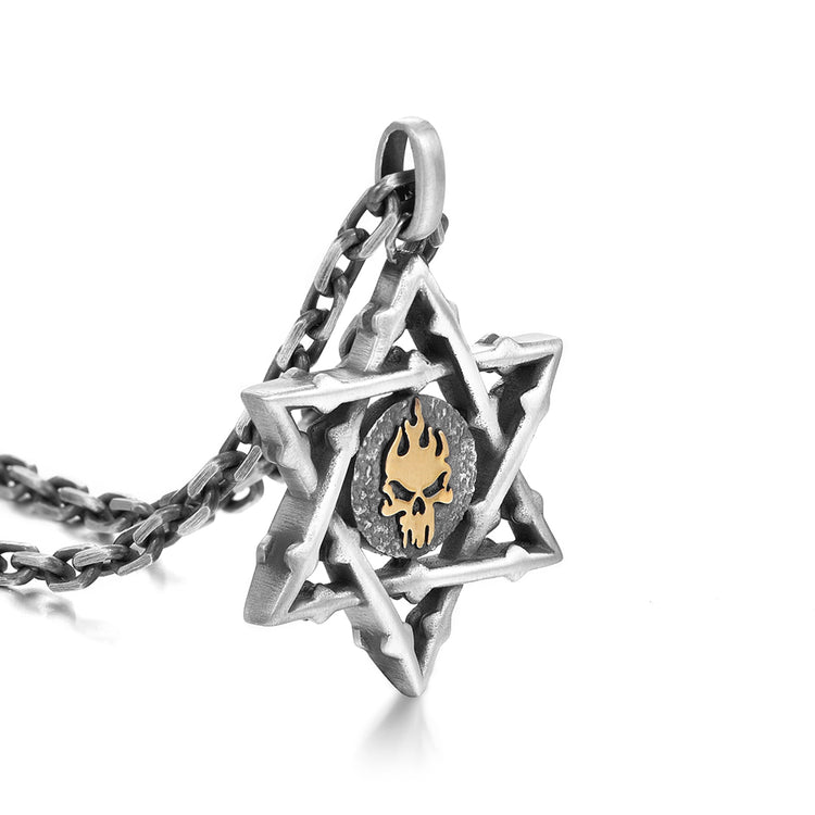 Sterling Silver Golden Skull Hexagram Pendants Necklace