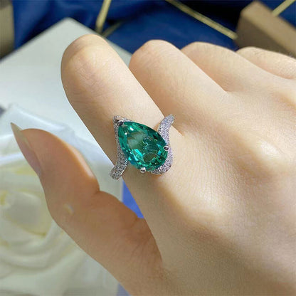 Simulated Paraiba Tourmaline Ring Large Carat Water Drop Pear-shaped Synthetic Color Gemstone Ring