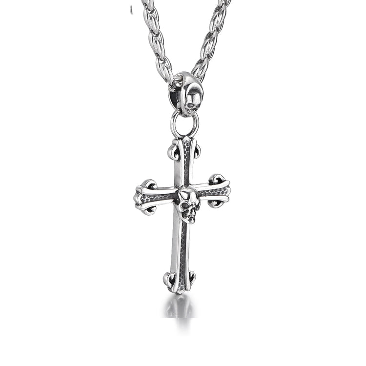 Cross Sterling Silver Skull Pendants Necklace