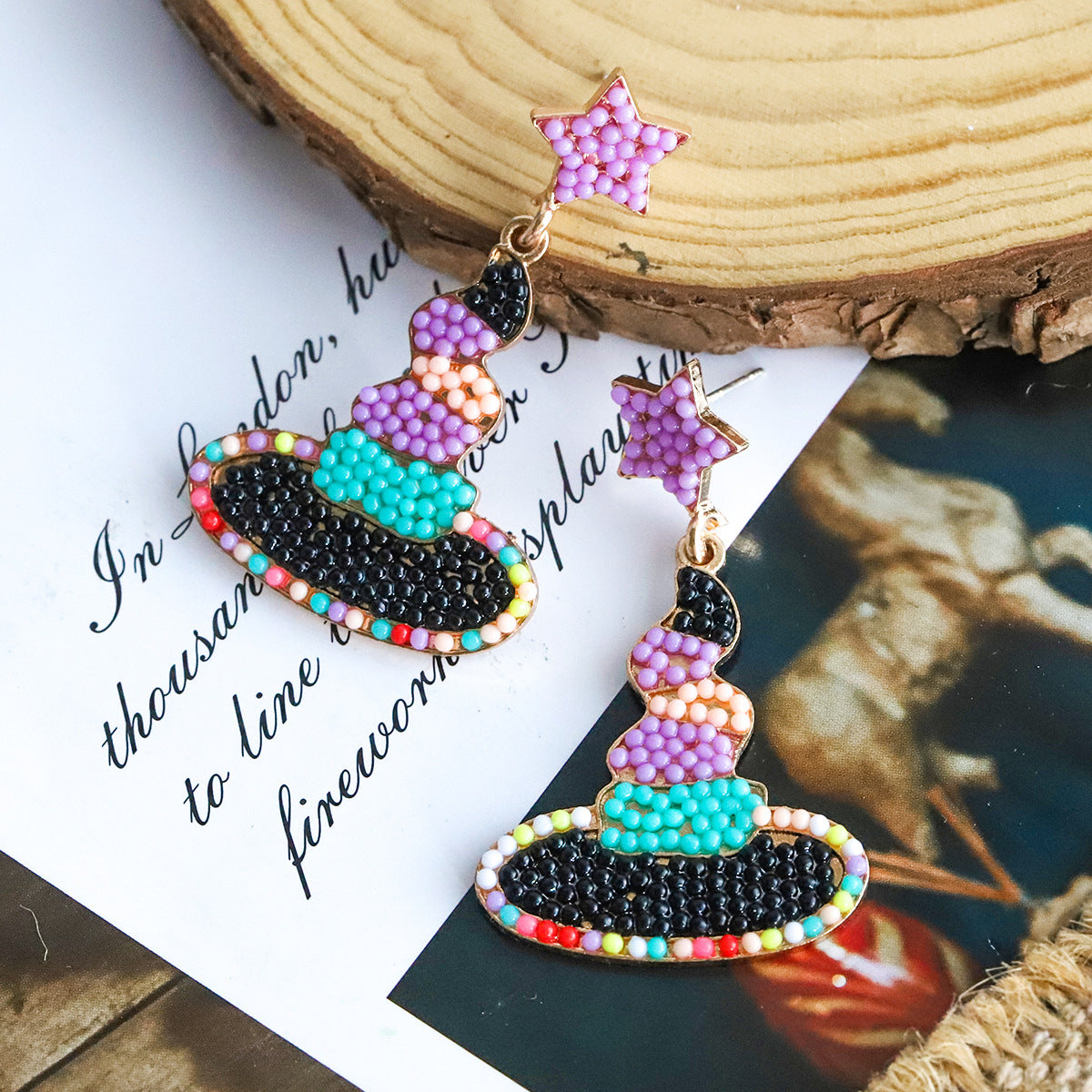 Halloween Cartoon Witch Magic Hat Rice Beads Earrings