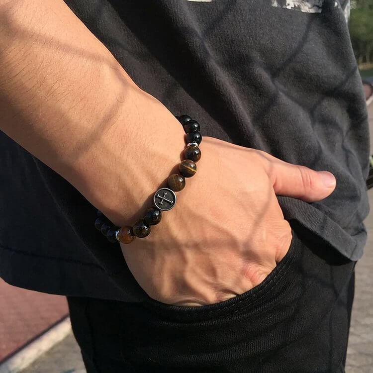 8mm Natural Tiger Eye Beaded Men Cross Bracelet