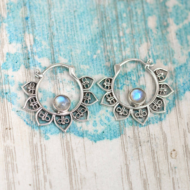 Presale: Boho Hollow Flower Moonstone Hoop Earrings