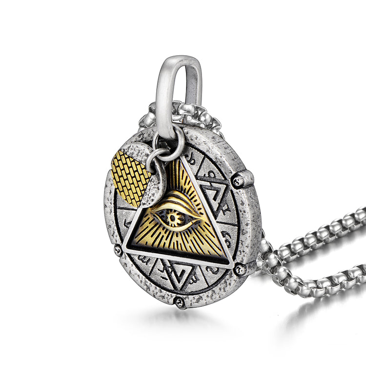 Sterling Silver Vintage Design Round Triangle Horus Eye Of God Pendants Necklace