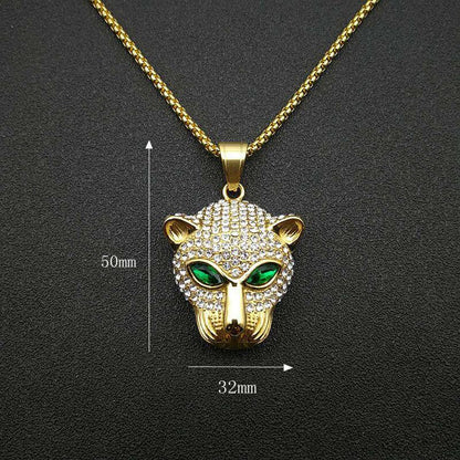 New Hip-hop Stainless Steel Inlaid Green Red Synthetic Cubic Zirconia Eyes Leopard Head Pendant for Men and Women