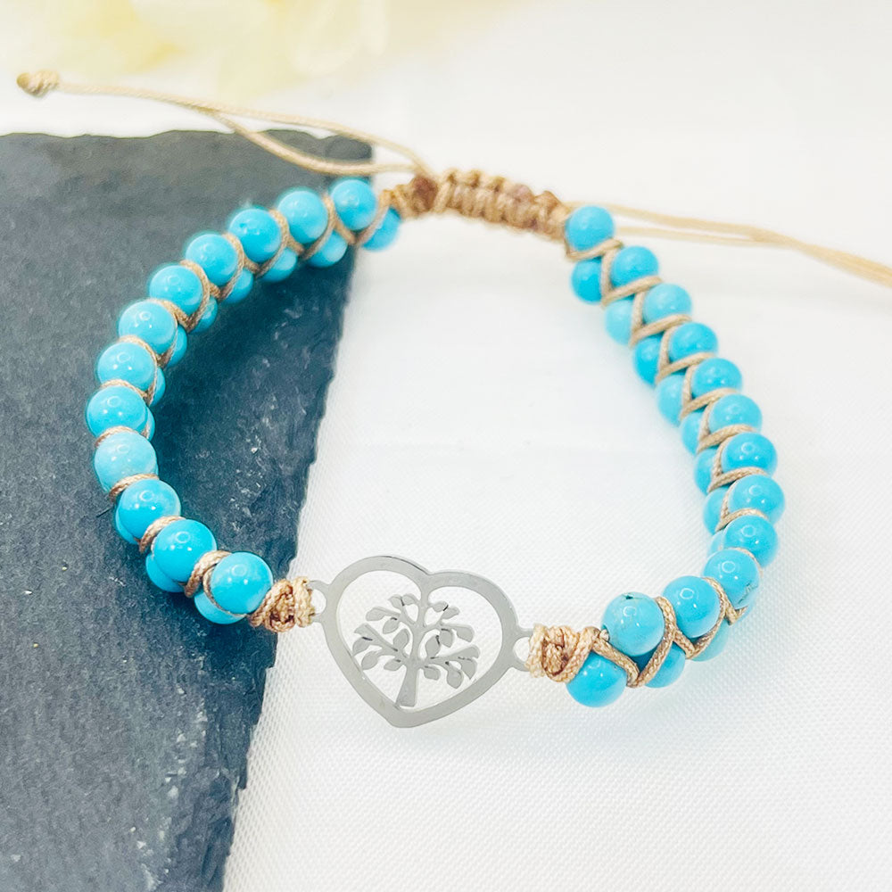 Turquoise Peach Heart Tree Of Life Palms Hand-Woven Bracelet