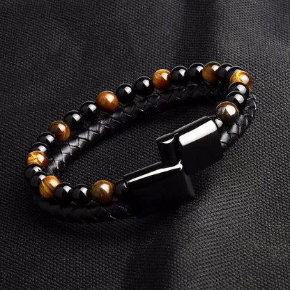 Natural Tiger Eye Leather Rope Double Layer Bracelet