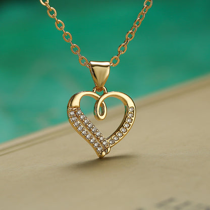 Cute Full Stones Heart & Lock Symbol Pendant Necklace