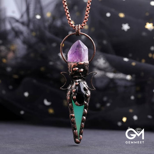 Copper Arrow Double Moon Crystal Pendant Gemstone Necklace