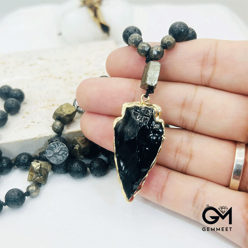 Obsidian Arrow Pendant Rosary Necklace