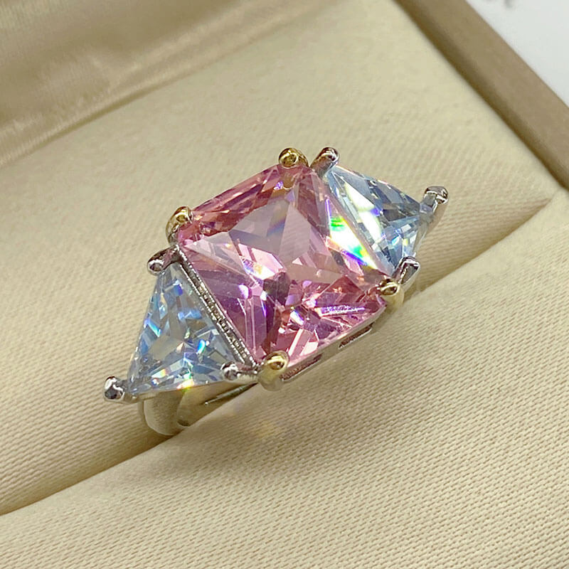 Super Flash Princess Square Ring Pink Zircon Hearts and Arrows Simulation Moissanite Diamond Ring for Women