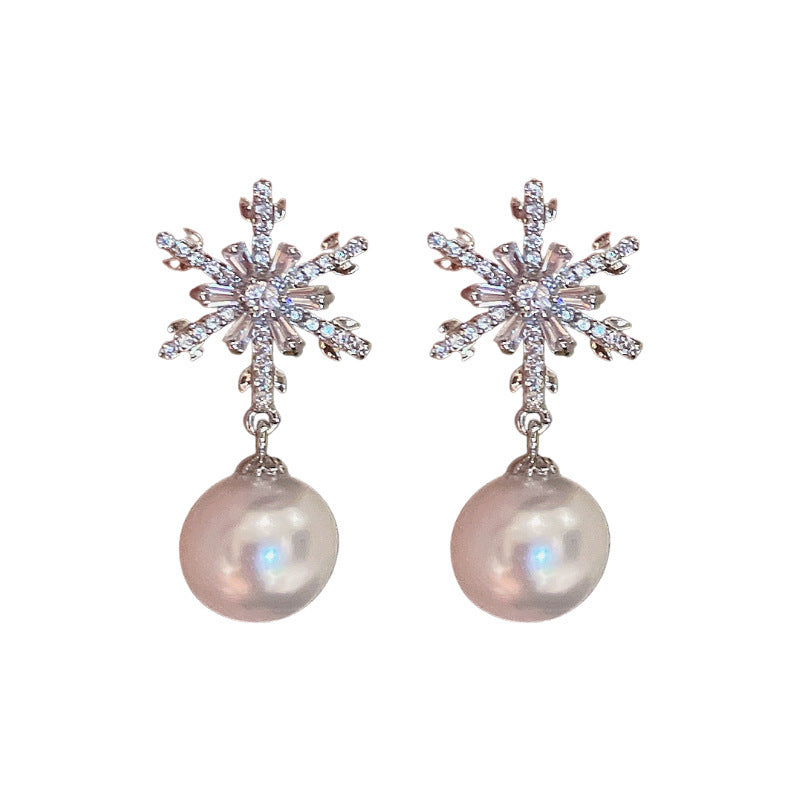 Zircon Snowflake Pearl Elegant Earrings