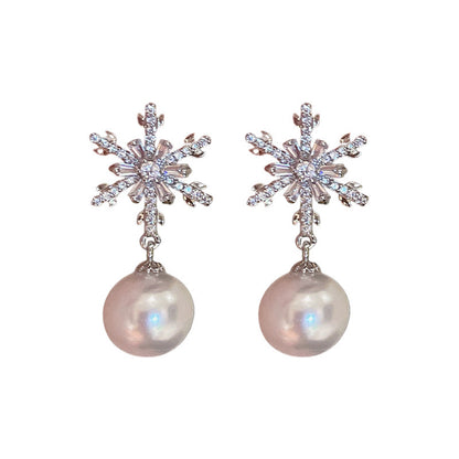 Zircon Snowflake Pearl Elegant Earrings