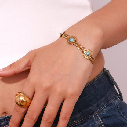 Gold Plated Greenstone Sunflower Woven Bracelet