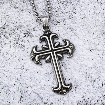 Carved Cross Stainless Steel Pendant Necklace