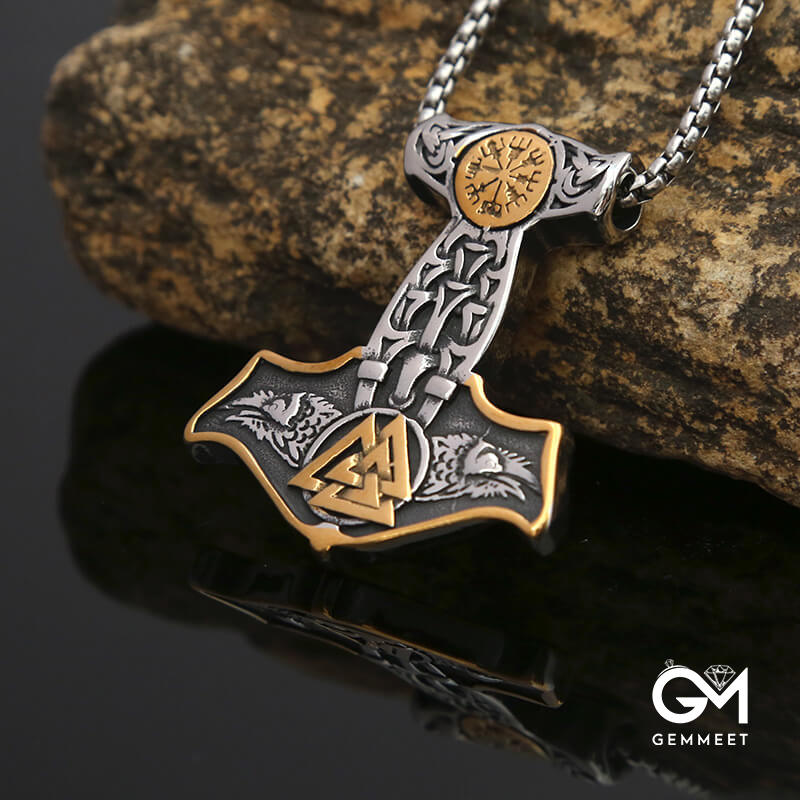 Viking Thor Hammer Titanium Steel Triangle Rune Necklace