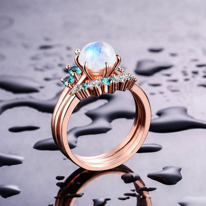 Blue Topaz Moonstone Crown Design Layered Ring