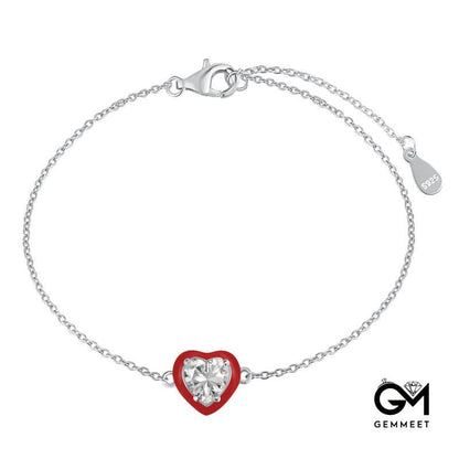 S925 Sterling Silver Red Drop Glue White Heart-shaped Zircon Bracelet