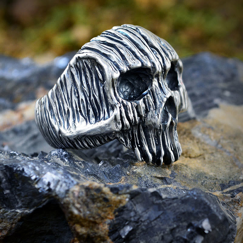 Cool Silver Striped Skull Ring