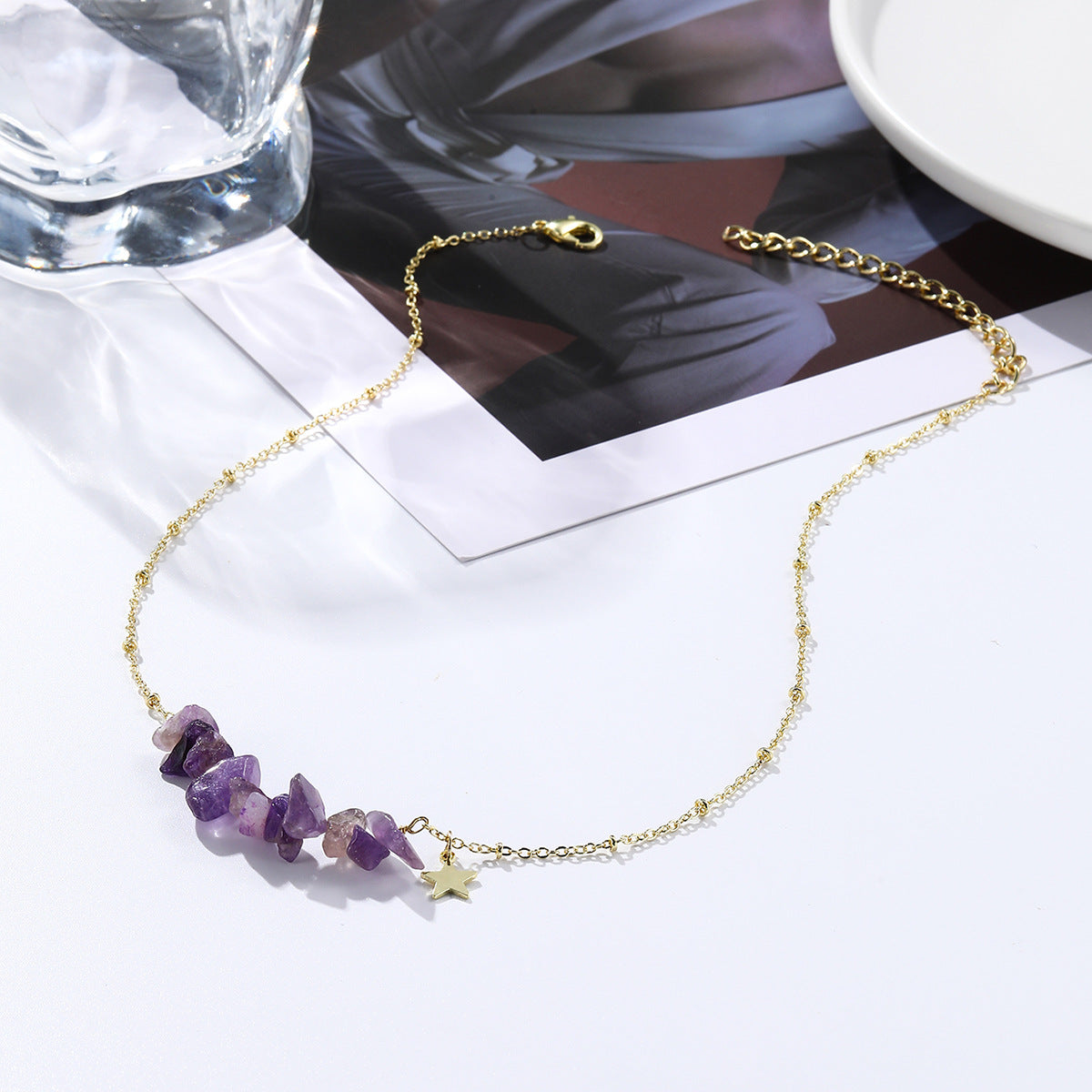 Irregular Purple Stones Link Chain Necklace