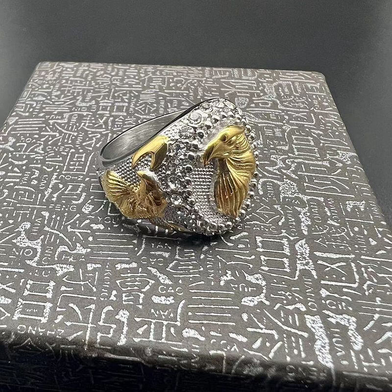 Animal HIPHOP Titanium Steel Rhinestone Gold-plated Two-tone Eagle Men's Ring