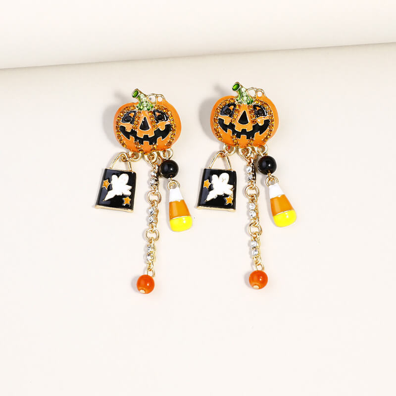 Halloween New Oil Drop Diamond Pumpkin Head Ghost Pendant Earrings