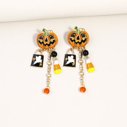 Halloween New Oil Drop Diamond Pumpkin Head Ghost Pendant Earrings