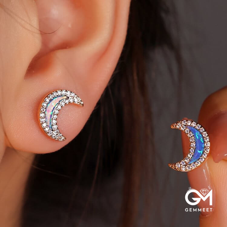 Blue Opal Zircon Moon Shape Earrings