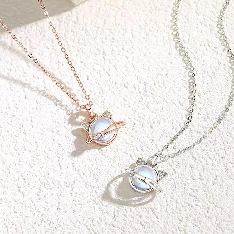 Planet Cat Moonstone Pendant Necklace