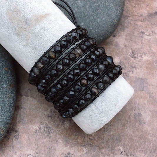 5 Layers of Black Beaded Braided Wrapped Leather Bracelet