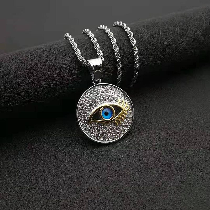 Hip Hop Gold Plated Zirconia Blue Eyes Circle Pendant