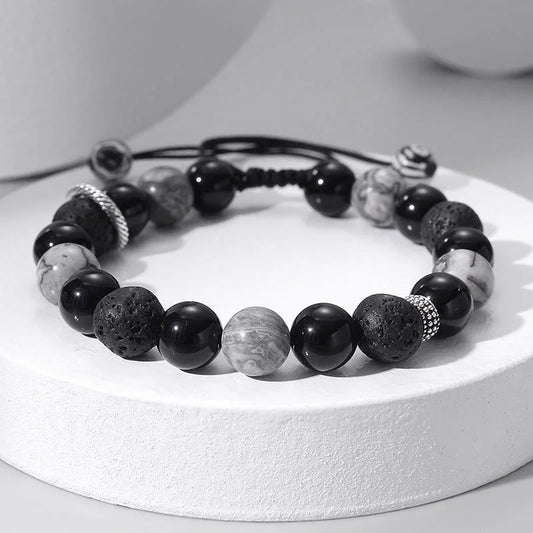 10mm Grey Jasper Lava Stone Beaded Strap Bracelet