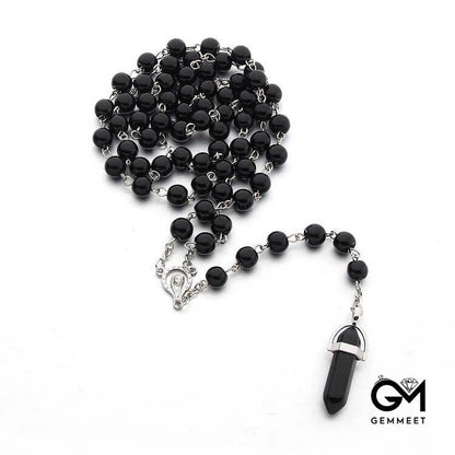 Obsidian Christianity Crystal Hexagon Pendant Rosary Necklace