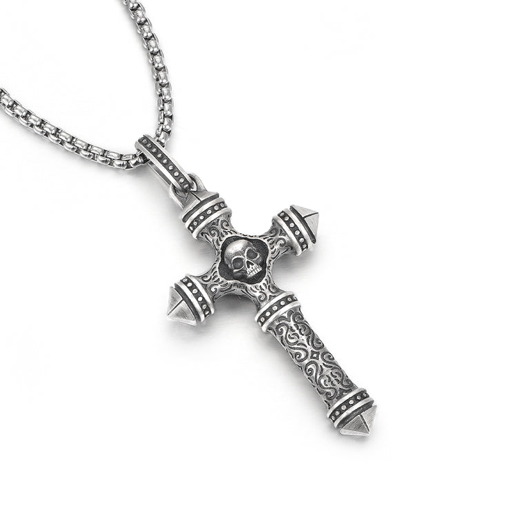 Sterling Silver Columnar Skull Cross Pendants Necklace