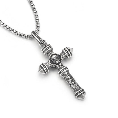 Sterling Silver Columnar Skull Cross Pendants Necklace