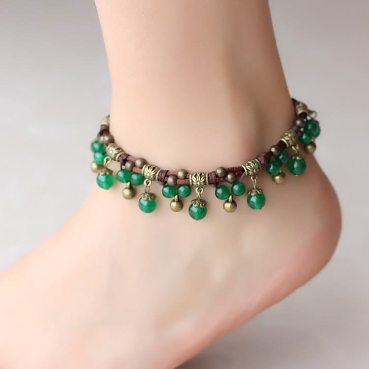 Red Agate Green Jade Woven Bead Anklet Bracelet